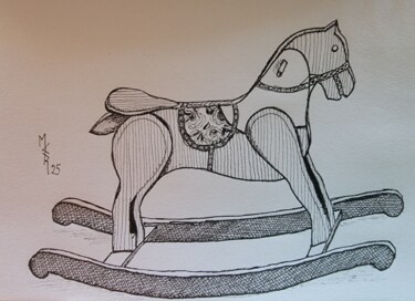 Disegno intitolato "Le cheval de bois d…" da Maryse Curinier-Rochette, Opera d'arte originale, Inchiostro