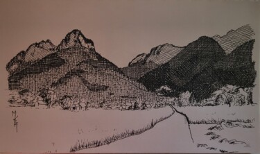 Plaine au bout du lac. Drawing titled "Plaine au bout du l…" by Maryse Curinier-Rochette, Original Artwork, Ink