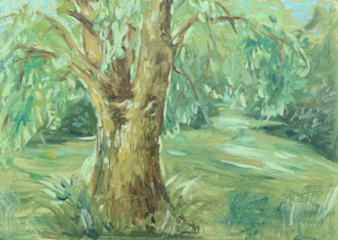 Painting titled "L’arbre" by Raphaëlle Dubrulle, Original Artwork, Oil Mounted on Wood Stretcher frame
