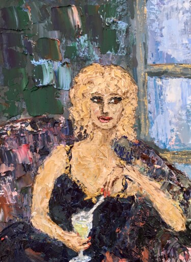 Blonde Woman Drinking Cocktail Oil Painting On Canvas Board 绘画 标题为“Blonde Woman Drinki…” 由Vilma Gataveckiene, 原创艺术品, 油