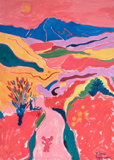 Curiosity Path – Naïve Mountain Landscape with Little Girl Painting titled "Curiosity Path – Na…" by Milana Chtch, Original Artwork, Acrylic Mounted on Wood Stretcher frame