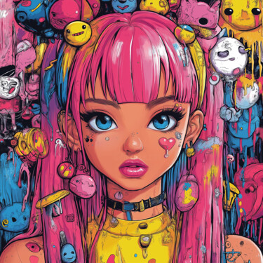 Pink Dreams: Anime Soul Portrait 数字艺术 标题为“Pink Dreams: Anime…” 由Anna Burger, 原创艺术品, 数字油画