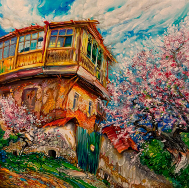 Vibrant House with Blossoms Ζωγραφική με τίτλο "Vibrant House with…" από Yerkezhan Kamentayeva, Αυθεντικά έργα τέχνης, Λάδι