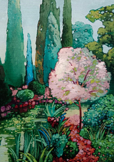 Spring Garden Scene 绘画 标题为“Spring Garden Scene” 由Yerkezhan Kamentayeva, 原创艺术品, 丙烯