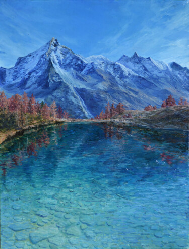 Reflet des sommets enneigés Painting titled "Reflet des sommets…" by Tabimory, Original Artwork, Oil Mounted on Wood Panel