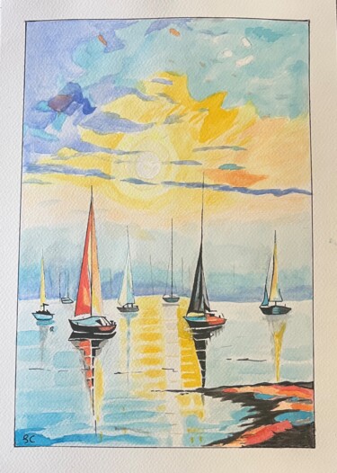 Painting titled "Sailboats" by Siyavash Chegeni, Original Artwork, Watercolor