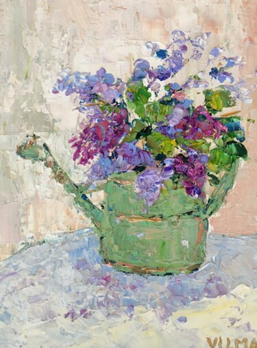 Watering Can Floral Oil Painting On Canvas Board Garden Art 제목이 "Watering Can Floral…"인 미술작품 Vilma Gataveckiene로, 원작, 기름