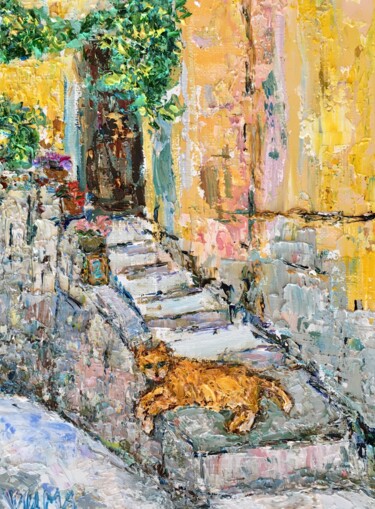 Orange Cat Impasto Oil Painting On Canvas Board Houses Art 绘画 标题为“Orange Cat Impasto…” 由Vilma Gataveckiene, 原创艺术品, 油