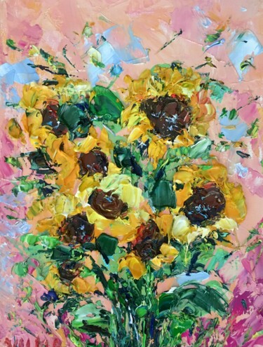 Sunflowers Impasto Oil Painting On Cardboard Garden Artwork Pintura titulada "Sunflowers Impasto…" por Vilma Gataveckiene, Obra de arte original, Oleo