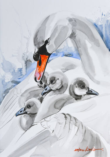 绘画 标题为“swans 1” 由Kang Zhou, 原创艺术品, 水彩