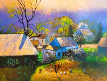 Painting titled "Serene Village in S…" by Yerkezhan Kamentayeva, Original Artwork, Acrylic