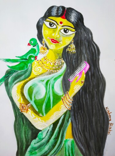 Abhimanini 4 - Combing her wet hair... 绘画 标题为“Abhimanini 4 - Comb…” 由Kishore Bishoi, 原创艺术品, 丙烯