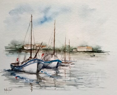 Malerei mit dem Titel "Voiliers sur la Seu…" von Marie-Charlotte Houpeurt-Chauffeté, Original-Kunstwerk, Aquarell