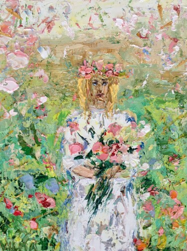Girl With Flowers Oil Painting On Canvas Board Summer Meadow 绘画 标题为“Girl With Flowers O…” 由Vilma Gataveckiene, 原创艺术品, 油
