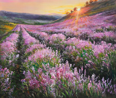 Lavender Field at Sunset Glow 绘画 标题为“Lavender Field at S…” 由Nurgaliy Abdigaliyev, 原创艺术品, 油