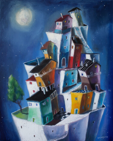 Painting titled "Cité magique --" by Laurent Chimento, Original Artwork, Oil Mounted on Wood Stretcher frame