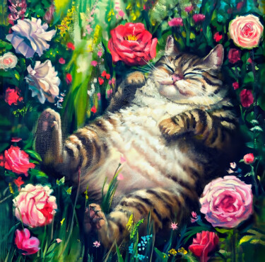 Plump Cat Garden 绘画 标题为“Plump Cat Garden” 由Nurgaliy Abdigaliyev, 原创艺术品, 油