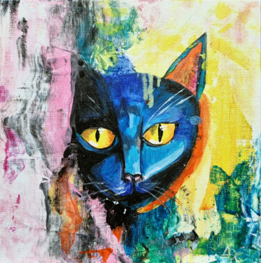 Blue Cat Face – Acrylic Modern Art 绘画 标题为“Blue Cat Face – Acr…” 由Olga Dar, 原创艺术品, 丙烯