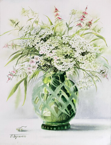 bouquet of wild flowers in an emerald vase, watercolor paint 绘画 标题为“bouquet of wild flo…” 由Natalia Butenko, 原创艺术品, 水彩
