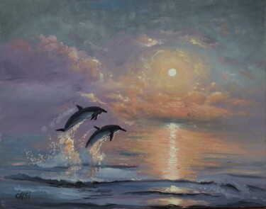 Dolphins at Dusk - Magic Evening 绘画 标题为“Dolphins at Dusk -…” 由Larisa Sidorova (Alsi), 原创艺术品, 油 安装在木质担架架上