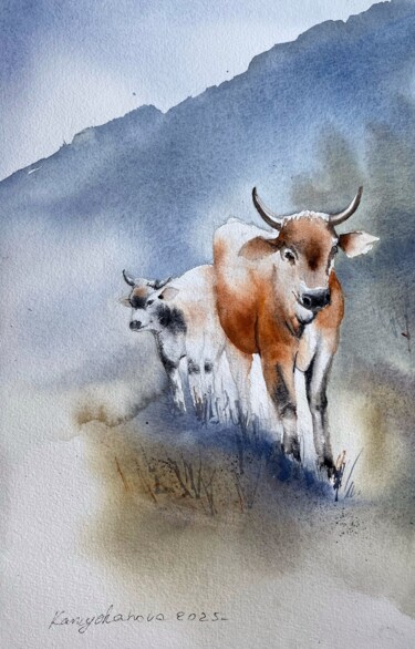 Cows 绘画 标题为“Cows” 由Daria Kamishanova, 原创艺术品, 水彩