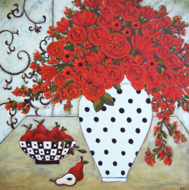 Peinture intitulée "Pears & Red Blooms…" par Karen Rieger, Œuvre d'art originale, Acrylique Monté sur Châssis en bois