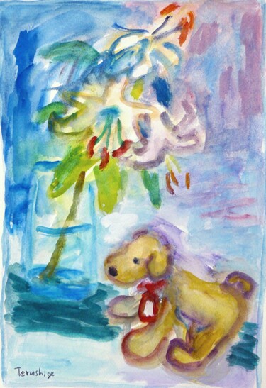 Pittura intitolato "Lilies and a dog" da Terushige Matsumoto, Opera d'arte originale, Gouache