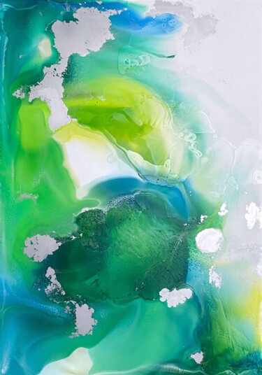 Painting titled "Green Silver Abstra…" by Mily Art, Original Artwork, Acrylic Mounted on Other rigid panel