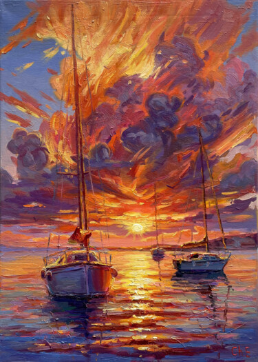 Painting titled ""Sunset by the Sea"" by Evgeny Chernyakovsky, Original Artwork, Oil Mounted on Wood Stretcher frame
