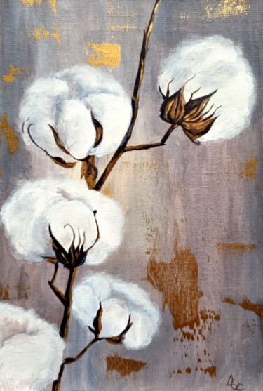 Painting titled "Cotton Branch on Go…" by Olga Dar, Original Artwork, Acrylic