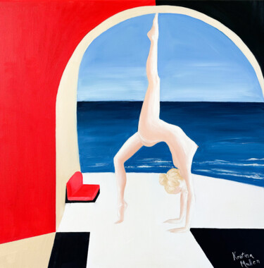 「Bare Yoga in Santor…」というタイトルの絵画 Kristina Mallenによって, オリジナルのアートワーク, オイル ウッドストレッチャーフレームにマウント