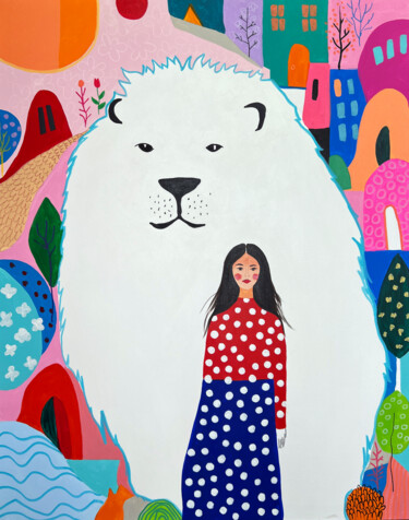 Woman and bear Colorful (2025) 绘画 标题为“Woman and bear Colo…” 由Sasha Robinson, 原创艺术品, 丙烯