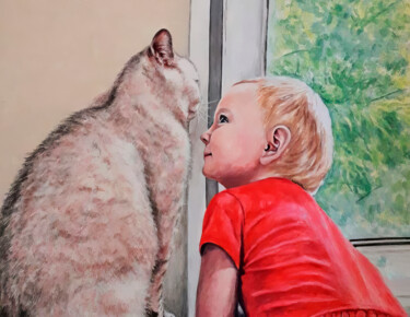 绘画 标题为“Child and Cat Toget…” 由Yerkezhan Kamentayeva, 原创艺术品, 油