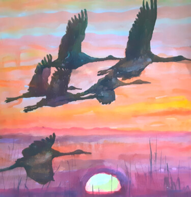 Cranes Flying at Dusk Malarstwo zatytułowany „Cranes Flying at Du…” autorstwa Yerkezhan Kamentayeva, Oryginalna praca, Akryl