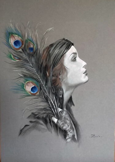 Disegno intitolato "Plume de paon" da Elsa Ducourret (Zaelle), Opera d'arte originale, Carbone