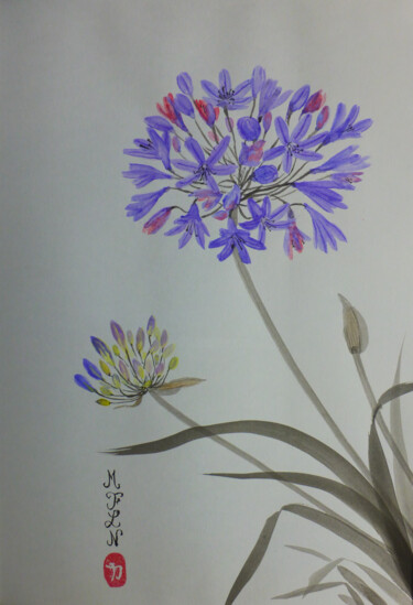 Disegno intitolato "Agapanthes" da Marie-Françoise Le Néen, Opera d'arte originale, Acquarello