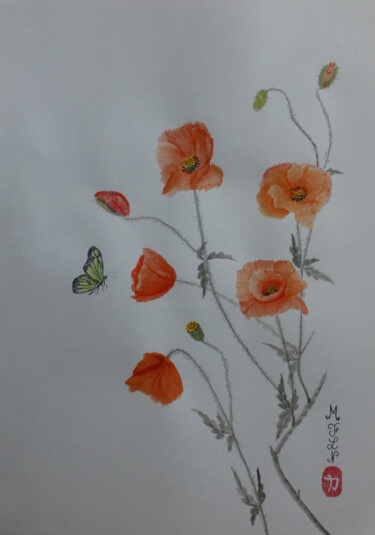Disegno intitolato "coquelicots" da Marie-Françoise Le Néen, Opera d'arte originale, Acquarello