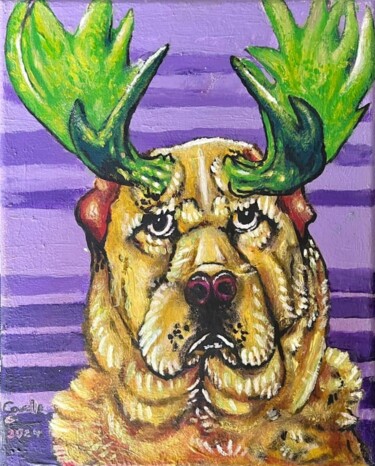 Painting titled "Chien avec bois le…" by Camille Girard, Original Artwork, Oil