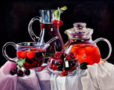 Summer Gathering with Glassware and Cherries 绘画 标题为“Summer Gathering wi…” 由Nurgaliy Abdigaliyev, 原创艺术品, 油