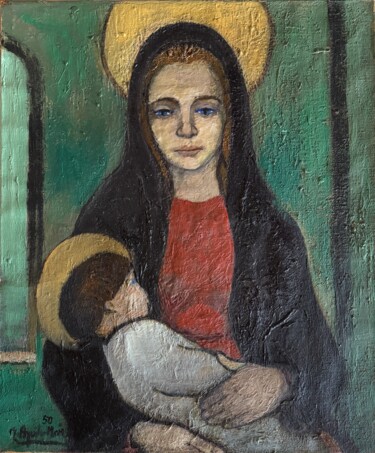 绘画 标题为“Virgen María y Niño…” 由Ramón Aguilar Moré, 原创艺术品, 油 安装在木质担架架上