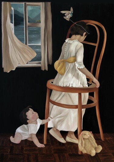 Painting titled "L'infante" by Elisa De Montis, Original Artwork, Oil Mounted on Wood Stretcher frame