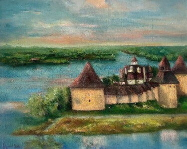 Painting titled "Souzdal et le lac" by Lola Jumaeva Novikova, Original Artwork, Oil