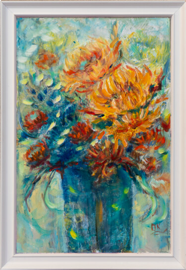 Abstract Sunflowers. Original Oil Acrylic Art. White frame. 绘画 标题为“Abstract Sunflowers…” 由Olga Kovalchuk, 原创艺术品, 油
