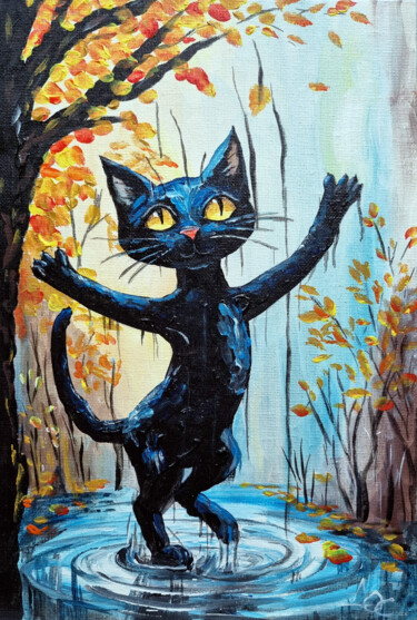 Dancing Black Cat in a Rainy Autumn Forest 绘画 标题为“Dancing Black Cat i…” 由Olga Dar, 原创艺术品, 丙烯