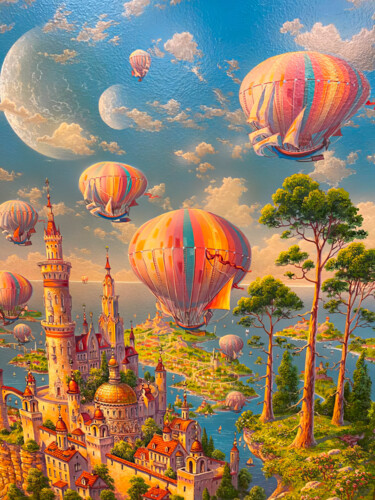 Whimsical Balloons Above Castle Painting titled "Whimsical Balloons…" by Yerkezhan Kamentayeva, Original Artwork, Oil