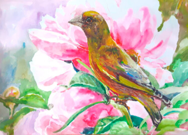 绘画 标题为“bird among pink peo…” 由Yerkezhan Kamentayeva, 原创艺术品, 油