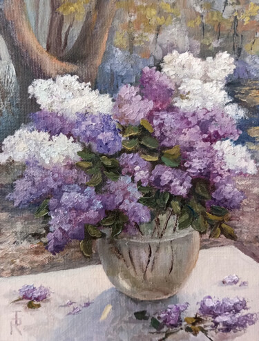 Lilac time - Purple Flower Still Life Painting titled "Lilac time - Purple…" by Tamara Rozinskay, Original Artwork, Oil Mounted on Cardboard