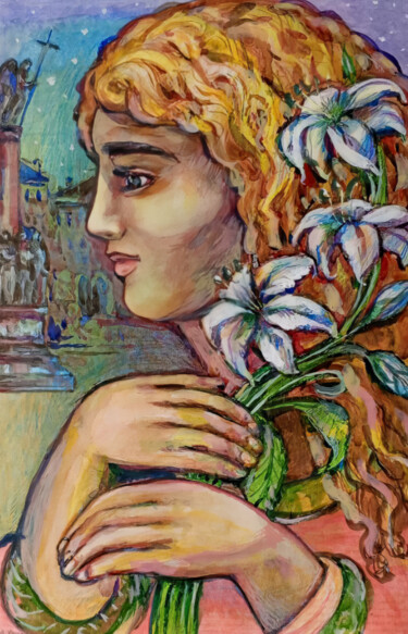 Serene Figure with Lilies 绘画 标题为“Serene Figure with…” 由Yerkezhan Kamentayeva, 原创艺术品, 油