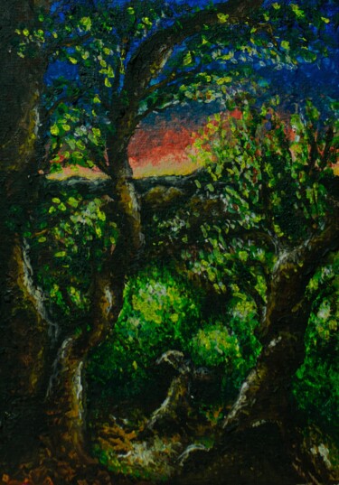 Painting titled "Veilleurs du soir" by Aura, Refuge D'Art, Original Artwork, Acrylic Mounted on Cardboard