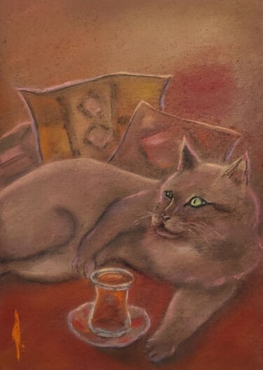 图画 标题为“Cat with Turkish tea” 由Olesya Nikolaeva, 原创艺术品, 粉彩